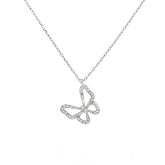 Collana in argento 925 della collezione Persefone di Rial Stile, pendente farfalla decorato con zirconi. Gioiello leggero e trasformativo che celebra la bellezza naturale.